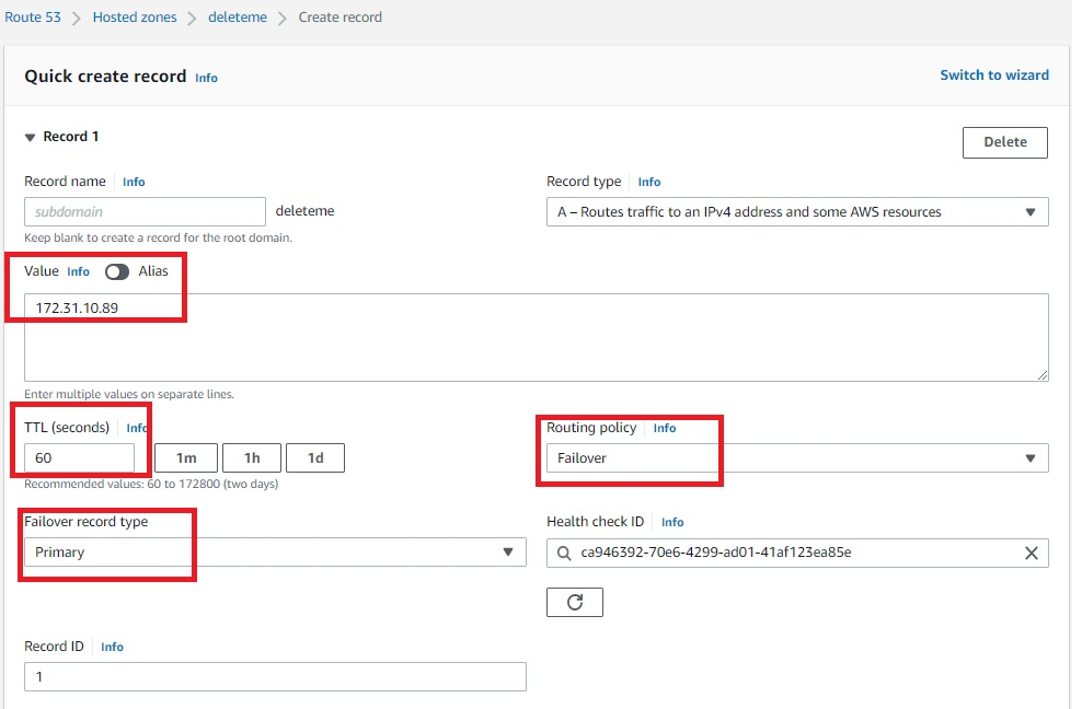 Amazon Route 53 hosted zone record for primary servers