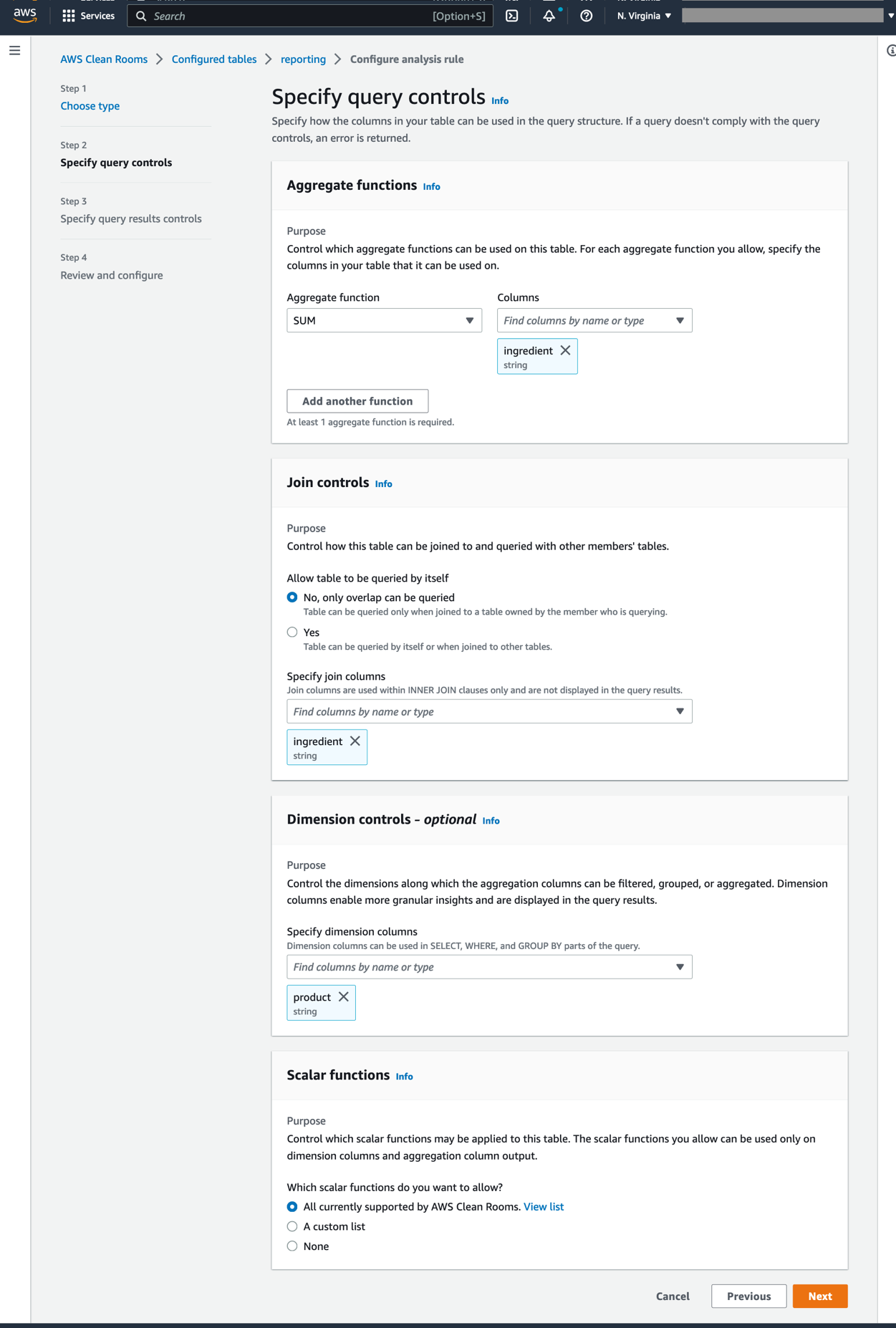 Table rules for the Reporting account