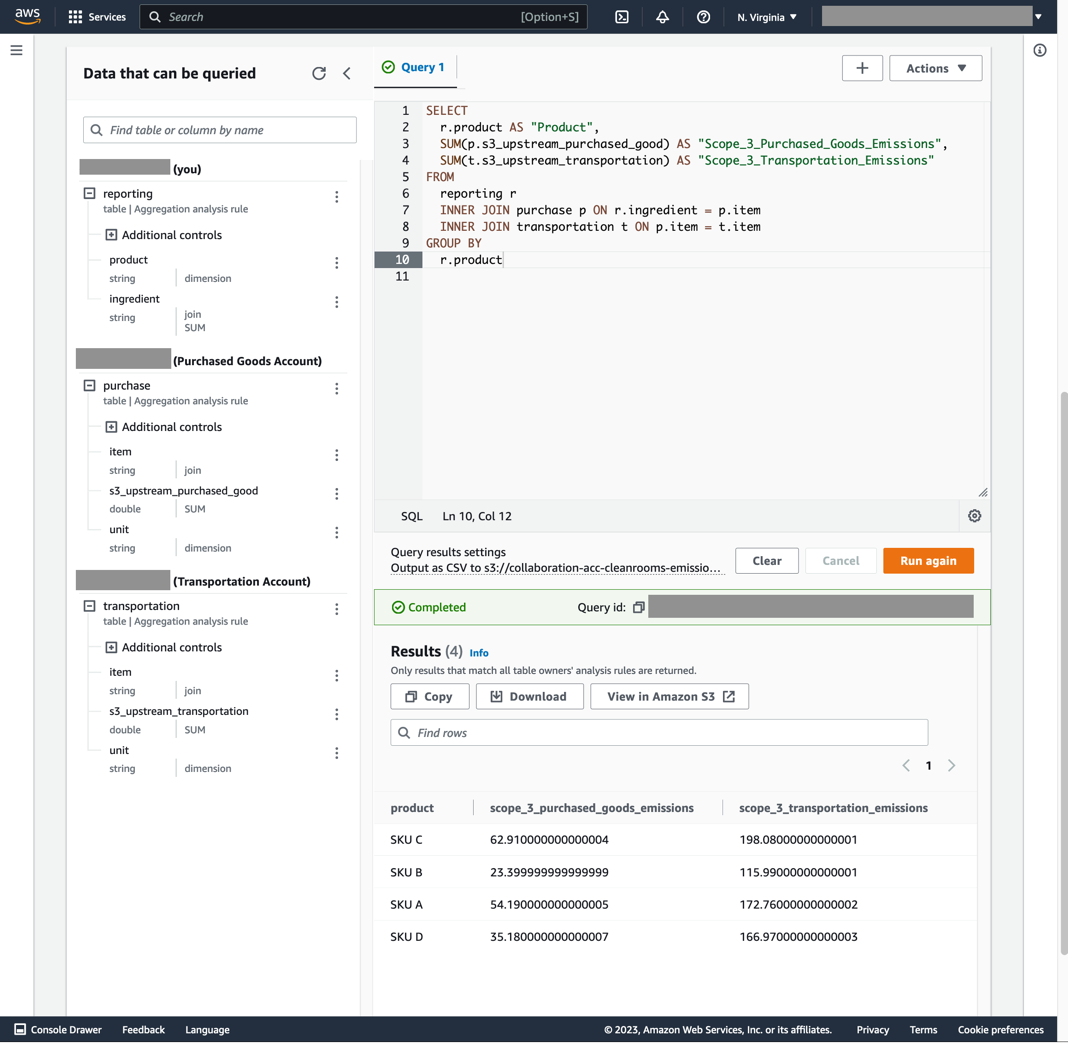 Query results in the Clean Rooms Reporting Account