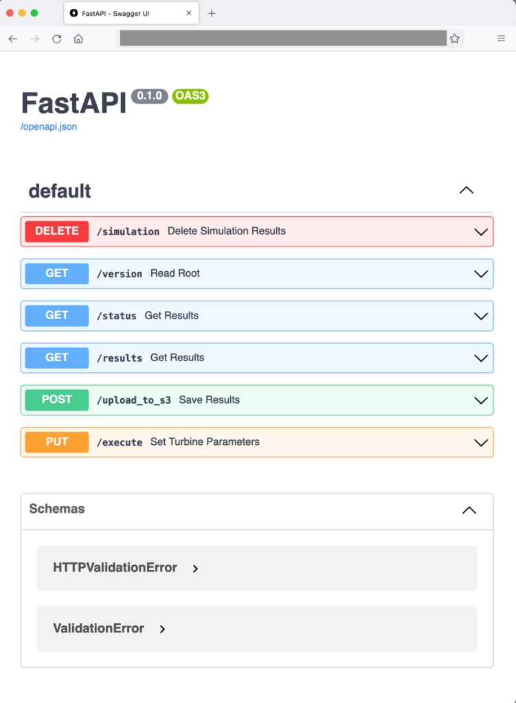 Web frontend showing the RESTfulAPI commands available for dispatching OpenFAST simulations