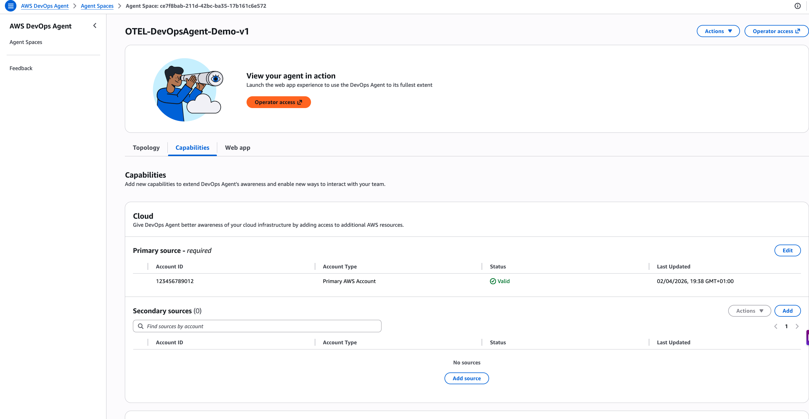 Screenshot of the AWS DevOps Agent Capabilities configuration tab for the OTEL-DevOpsAgent-Demo-v1 agent space. The interface displays a Cloud capability section with a primary AWS account (ID: 123456789012) showing a Valid status, a secondary sources section with no entries, and options to add additional source accounts.