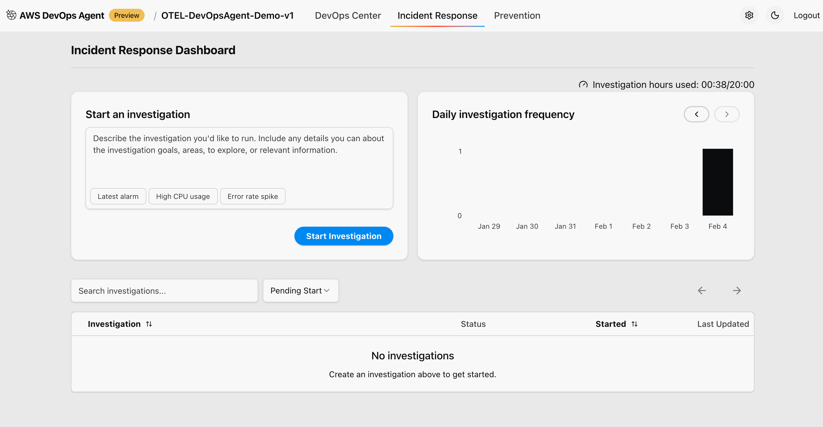 Screenshot of the AWS DevOps Agent Incident Response Dashboard for the OTEL-DevOpsAgent-Demo-v1 project. The dashboard includes a text area to describe a new investigation, quick-start template buttons for common scenarios (Latest alarm, High CPU usage, Error rate spike), a bar chart showing daily investigation frequency from January 29 to February 4 with one investigation on February 4, and an empty investigations table filtered by Pending Start status.