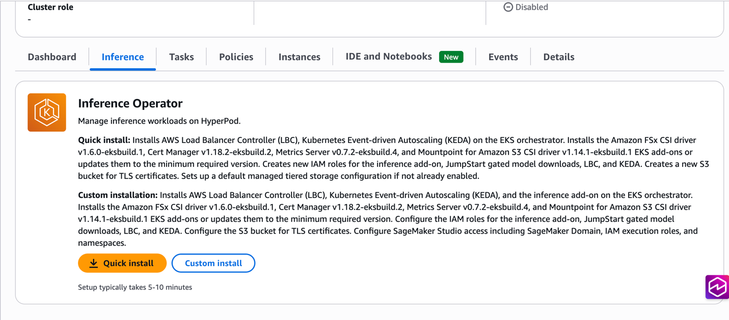 SageMaker HyperPod Inference tab interface showing disabled cluster role and installation options for managing inference workloads