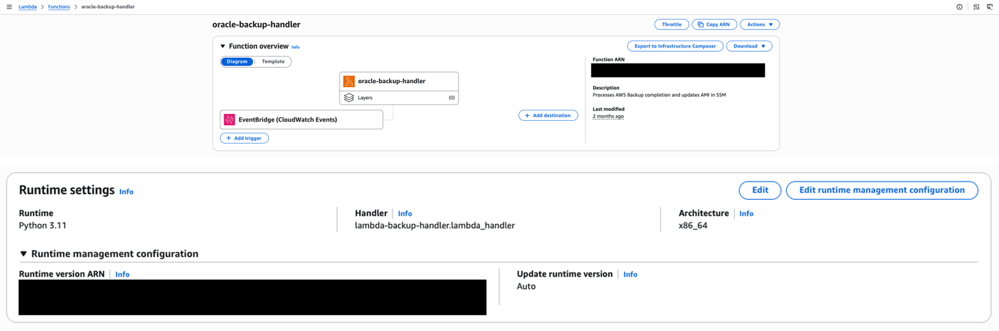 AWS Lambda function configuration for oracle-backup-handler showing Python 3.11 runtime, EventBridge trigger, and description indicating it processes AWS Backup completion events and updates AMI in SSM.