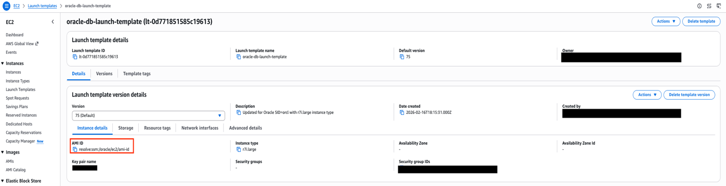 EC2 Launch Template oracle-db-launch-template version 75 showing AMI ID resolved from SSM parameter resolve:ssm:/oracle/ec2/ami-id with r7i.large instance type for Oracle Database deployment.
