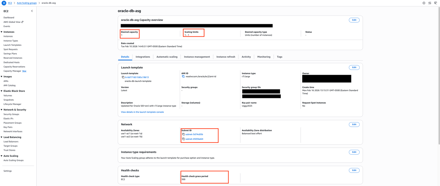 EC2 Auto Scaling group oracle-db-asg configuration showing desired capacity of 1, scaling limits 1-1, r7i.large instance type, oracle-db-launch-template with Latest version, spanning two availability zone subnets.