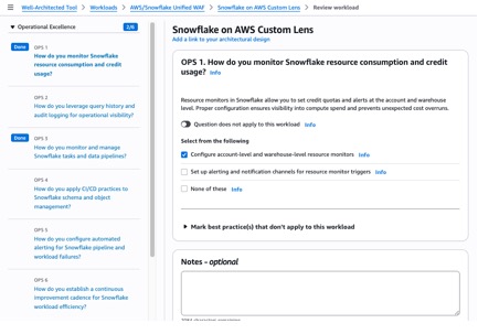 AWS Well-Architected Tool console showing the Snowflake and AWS custom lens applied to a workload