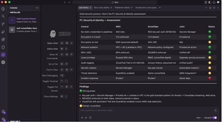 Kiro IDE running the Snowflake WAF Power with checkbox questions for the security pillar