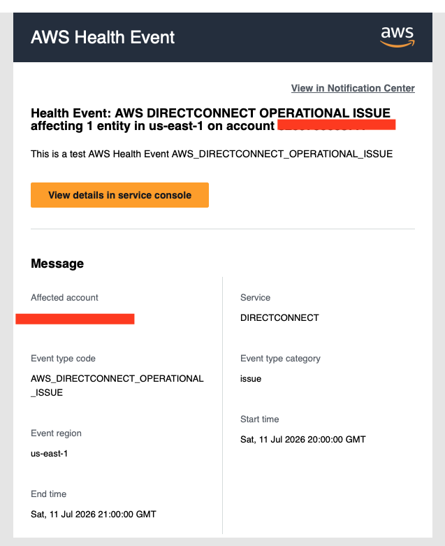 Sample CRITICAL email notification from AWS User Notifications