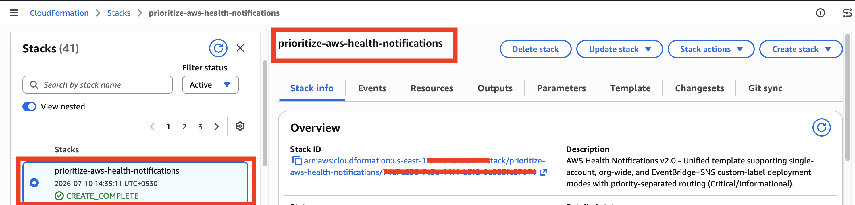 CloudFormation console showing CREATE_COMPLETE status