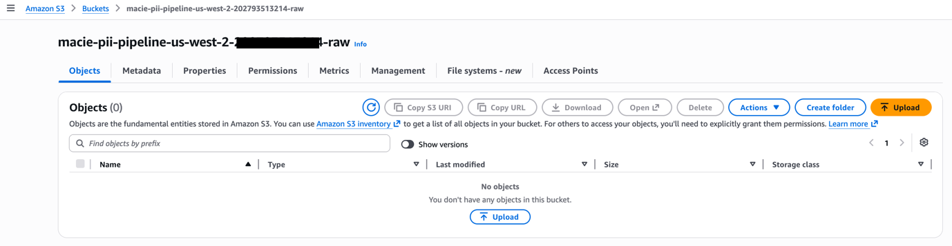 Amazon S3 console showing the raw bucket after pipeline execution