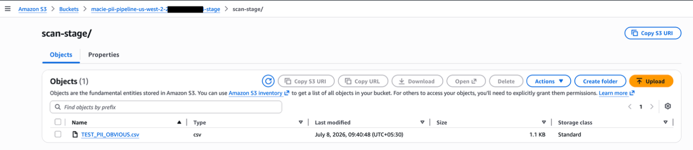 Amazon S3 console showing the stage bucket after pipeline execution