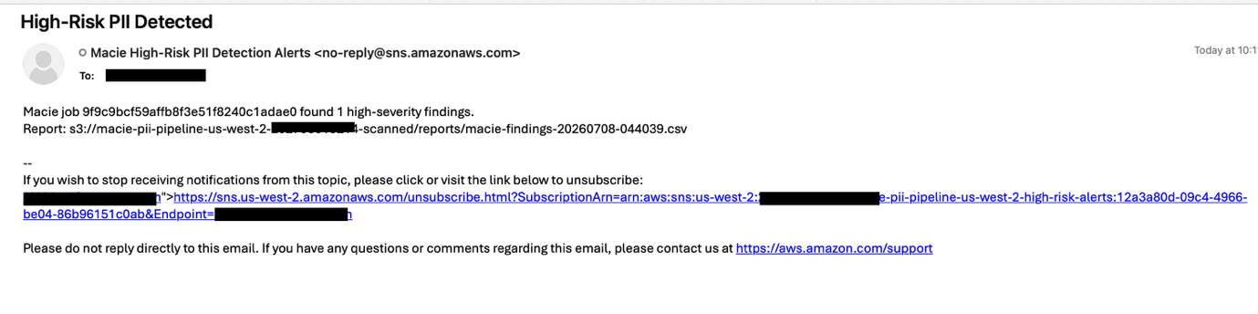 Sample Amazon SNS notification email showing PII detection findings
