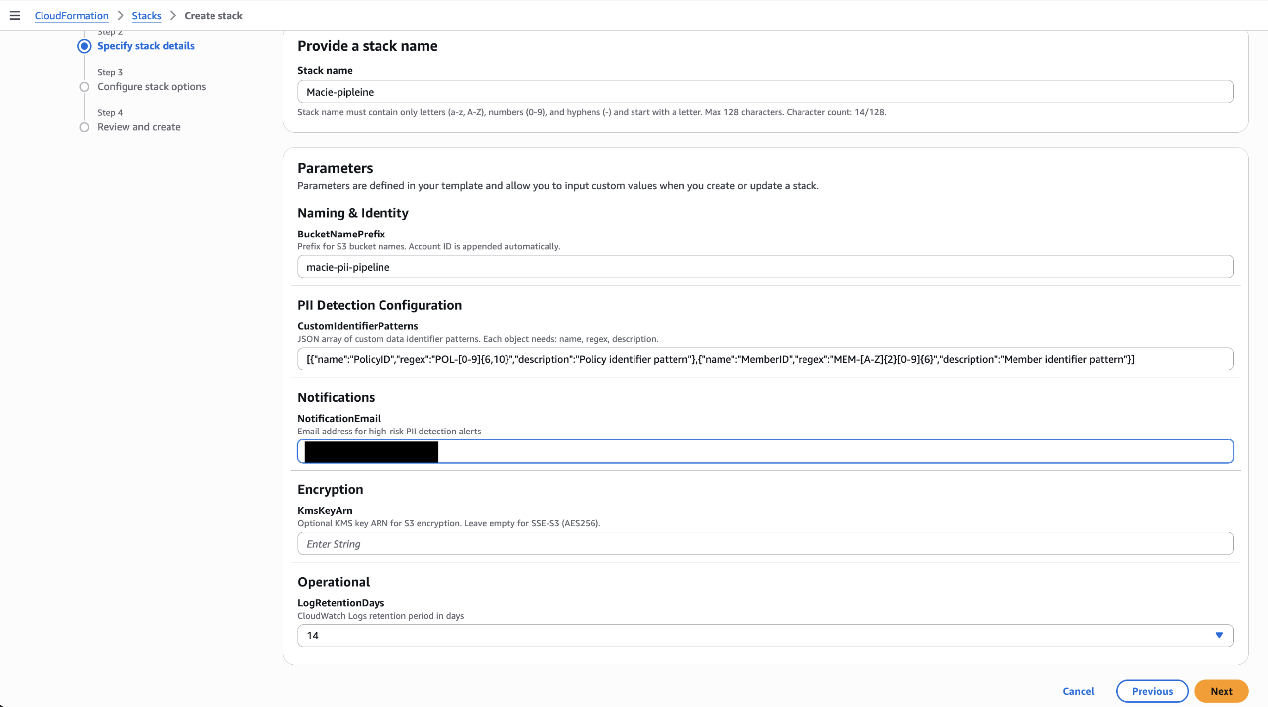 AWS CloudFormation console showing the Create stack configuration page with parameters for BucketNamePrefix and NotificationEmail