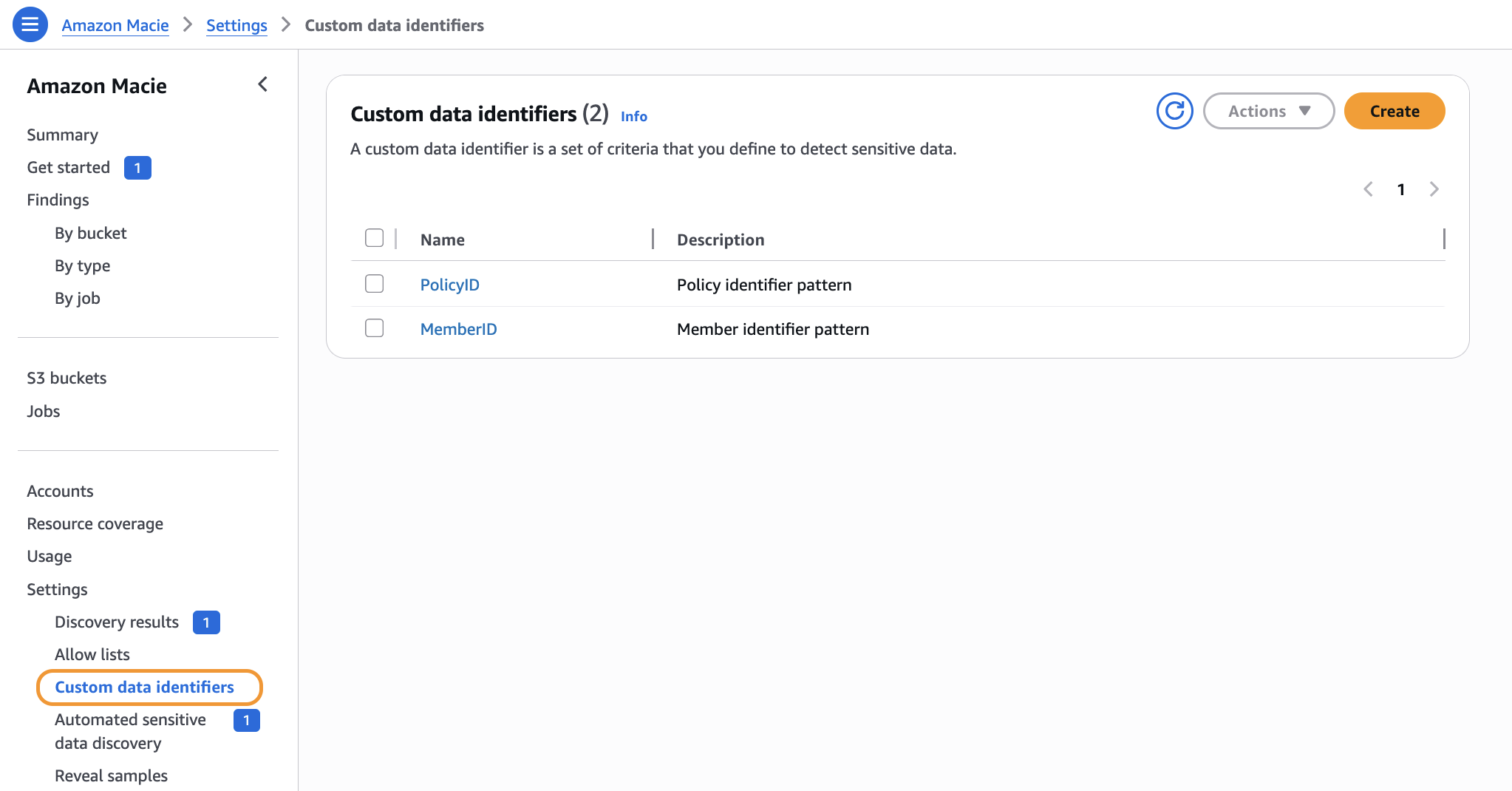 Amazon Macie console showing custom data identifiers for PolicyID and MemberID
