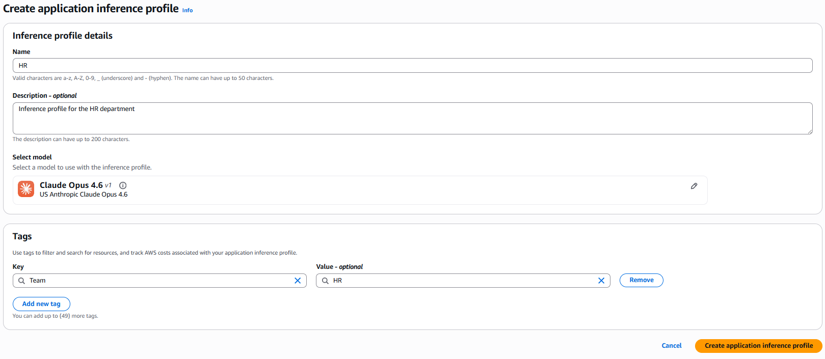 Amazon Bedrock console showing the create inference profile page with profile name HR and tag Team=HR configured