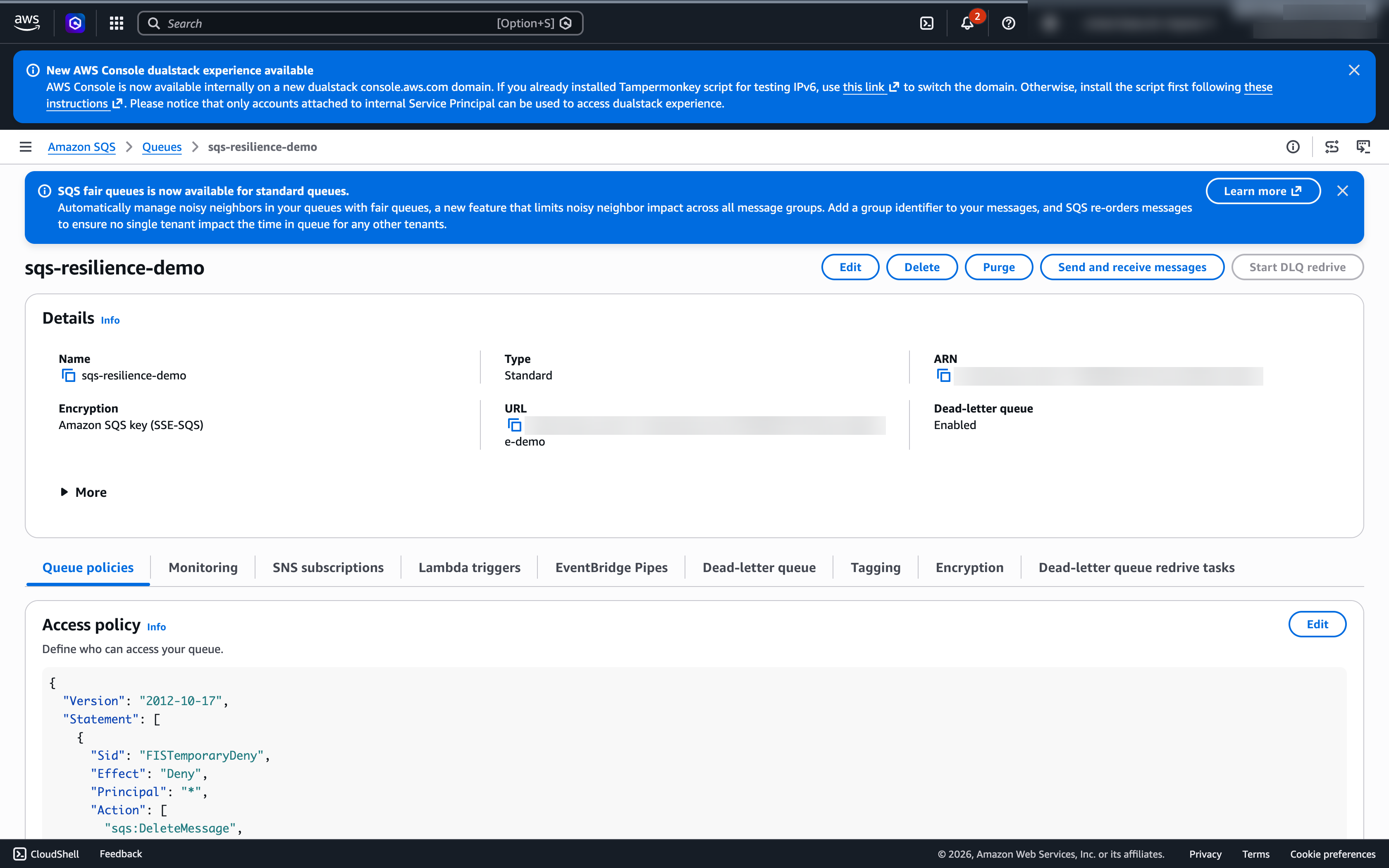SQS queue access policy showing the scoped FISTemporaryDeny statement blocking SendMessage and ReceiveMessage