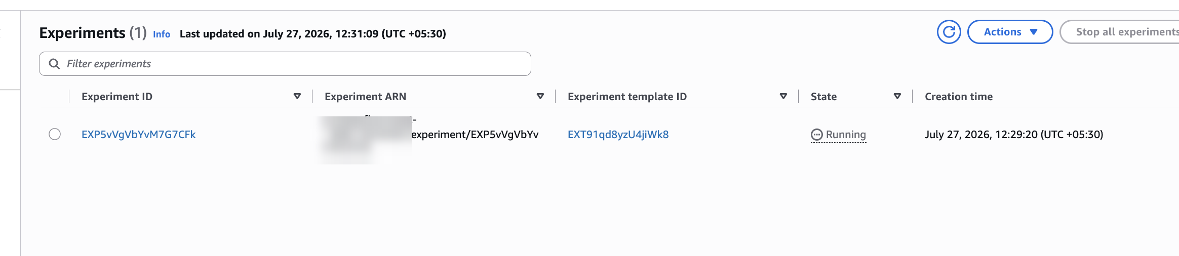 AWS FIS console experiments list showing one experiment in the Running state.