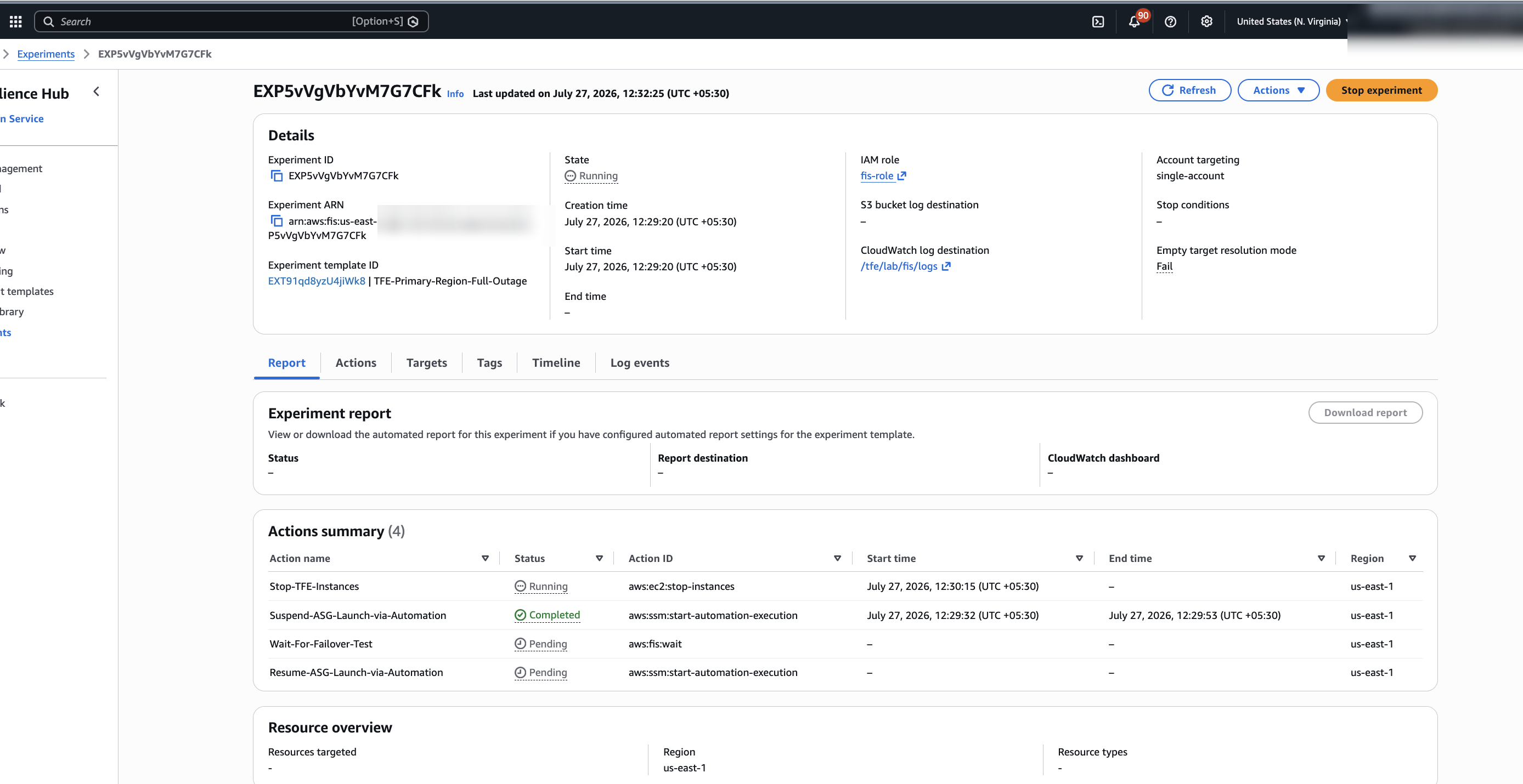 AWS FIS experiment details page showing the Suspend-ASG action completed and Stop-TFE-Instances running.