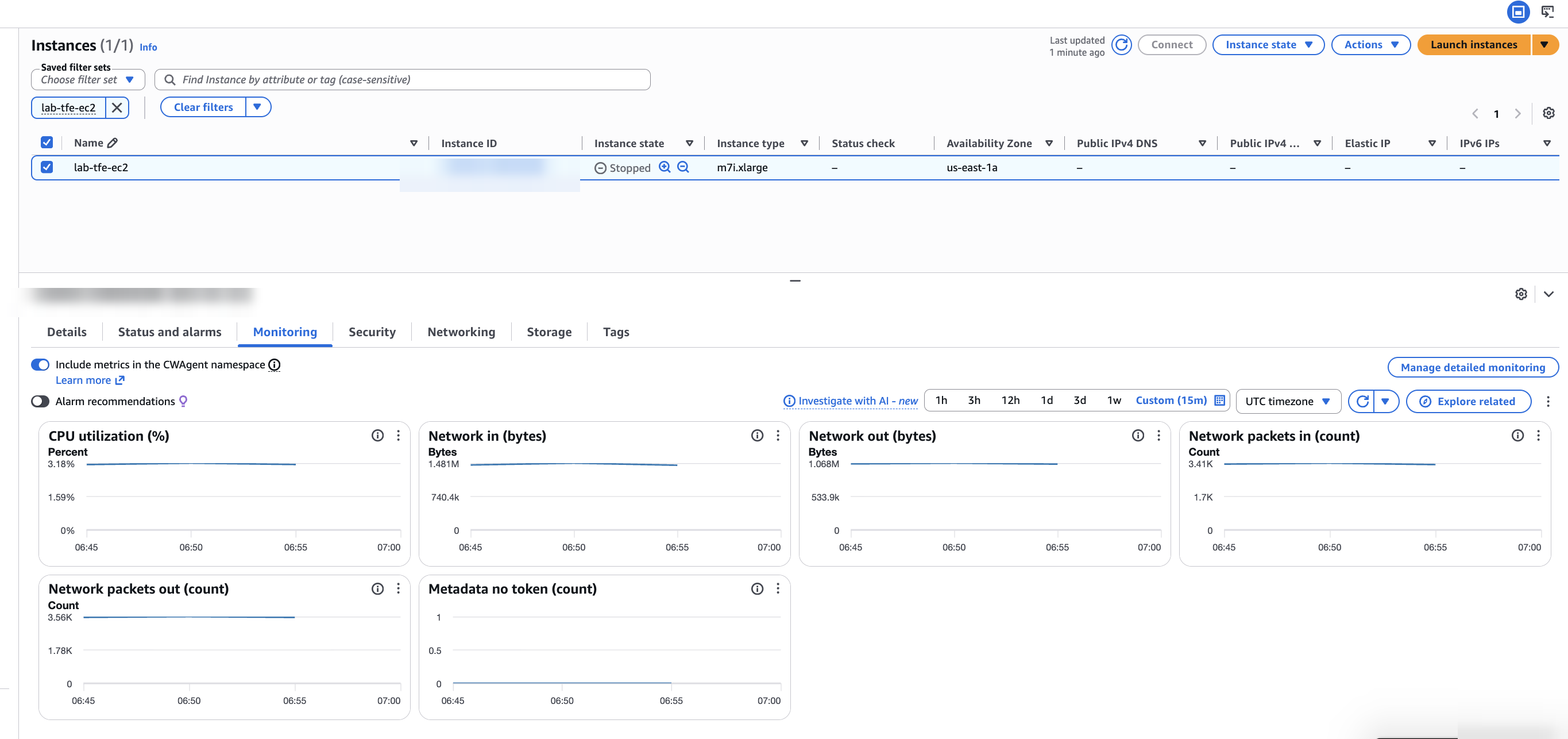 Amazon EC2 console showing the primary instance in us-east-1 in the stopped state.