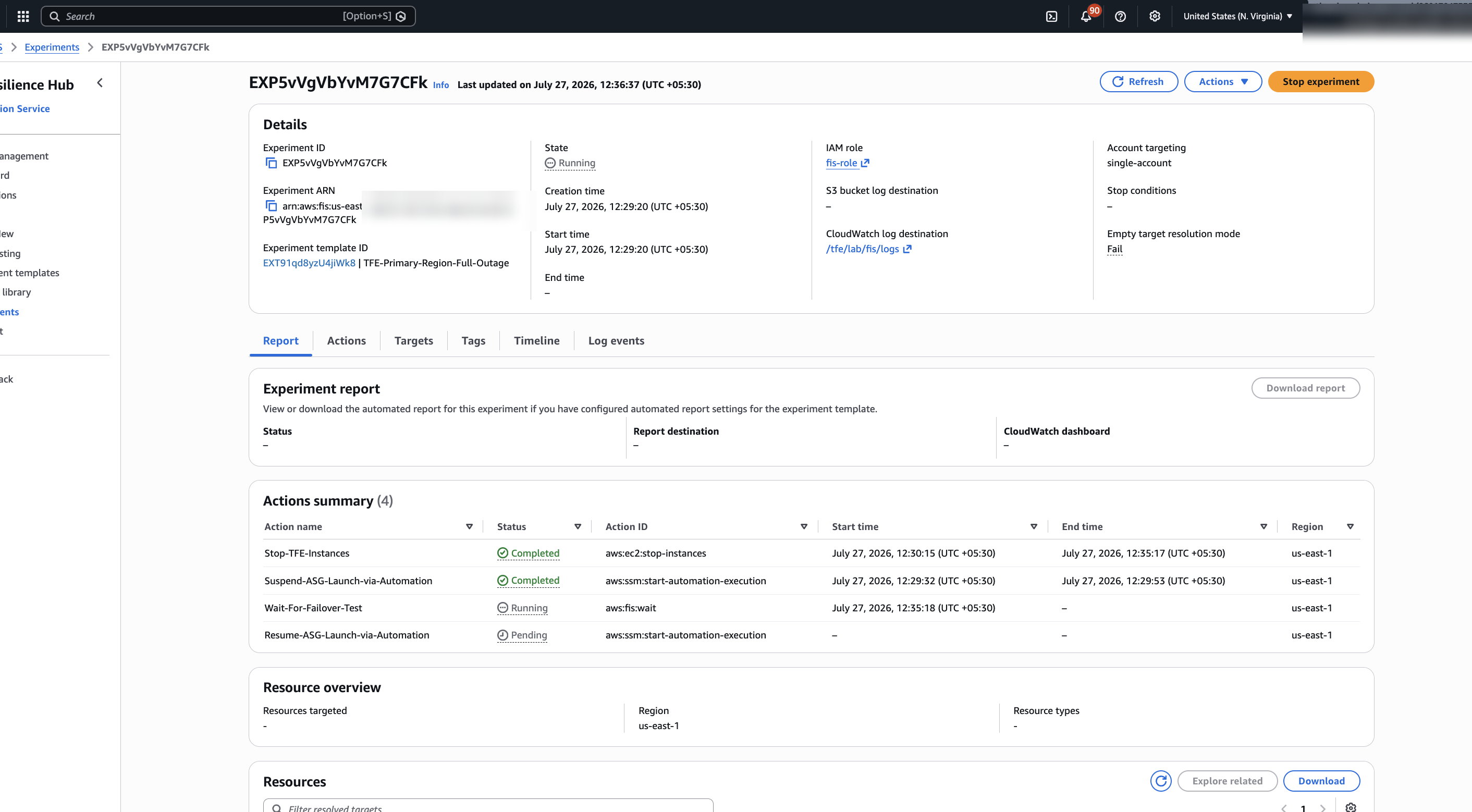 AWS FIS action summary showing Stop-TFE-Instances completed and Wait-For-Failover-Test running.