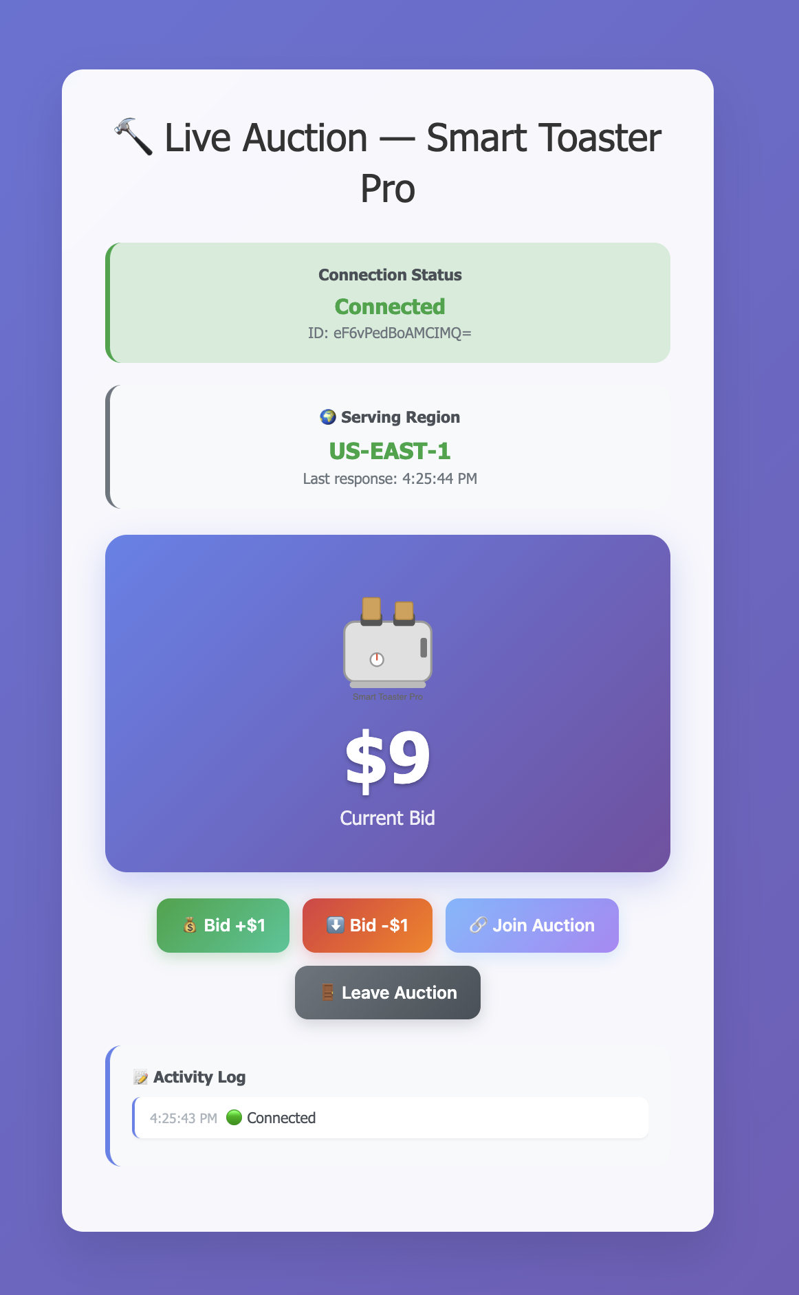 Auction app showing Connected status and serving Region US-EAST-1 with a current bid of $9