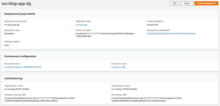 CodeDeploy deployment group console