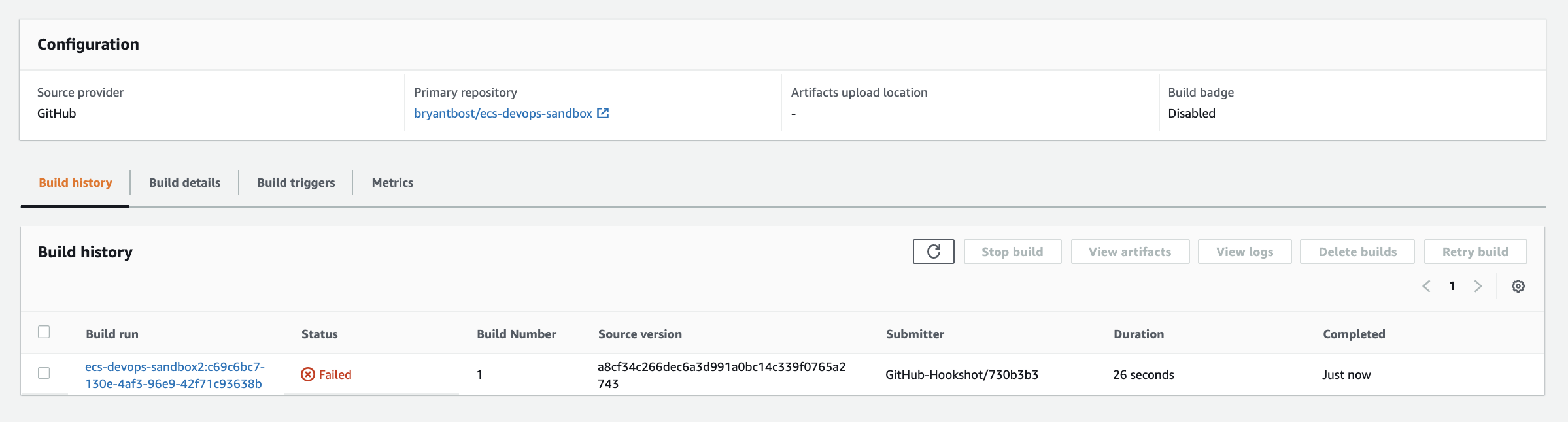 Example Failed CodeBuild Test Execution