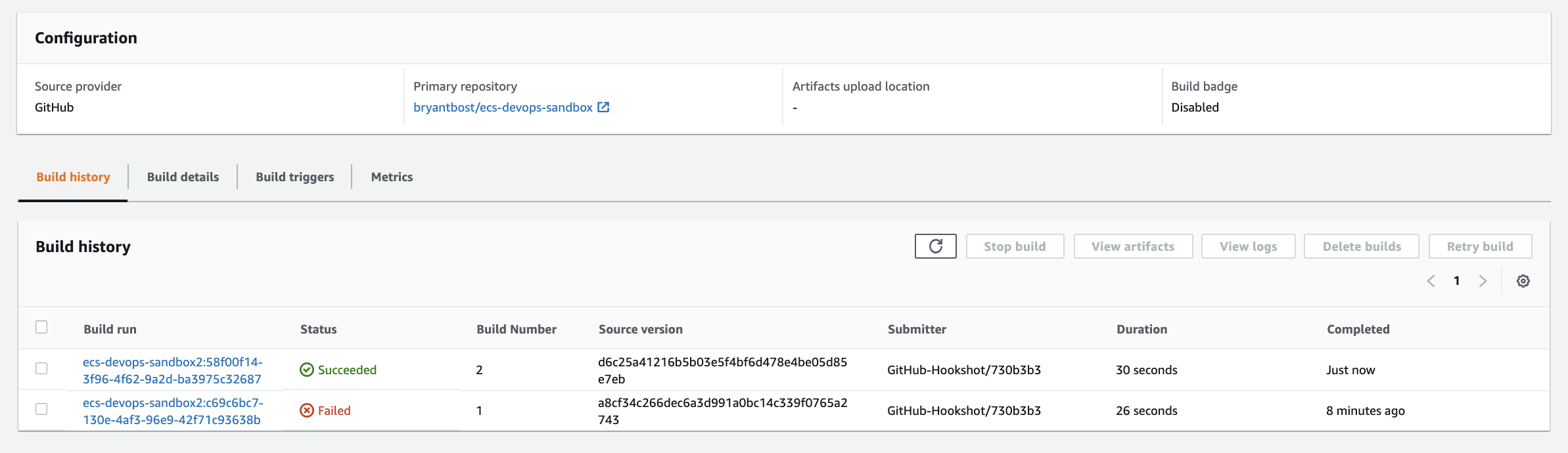 CodeBuild テストの正常な実行の例