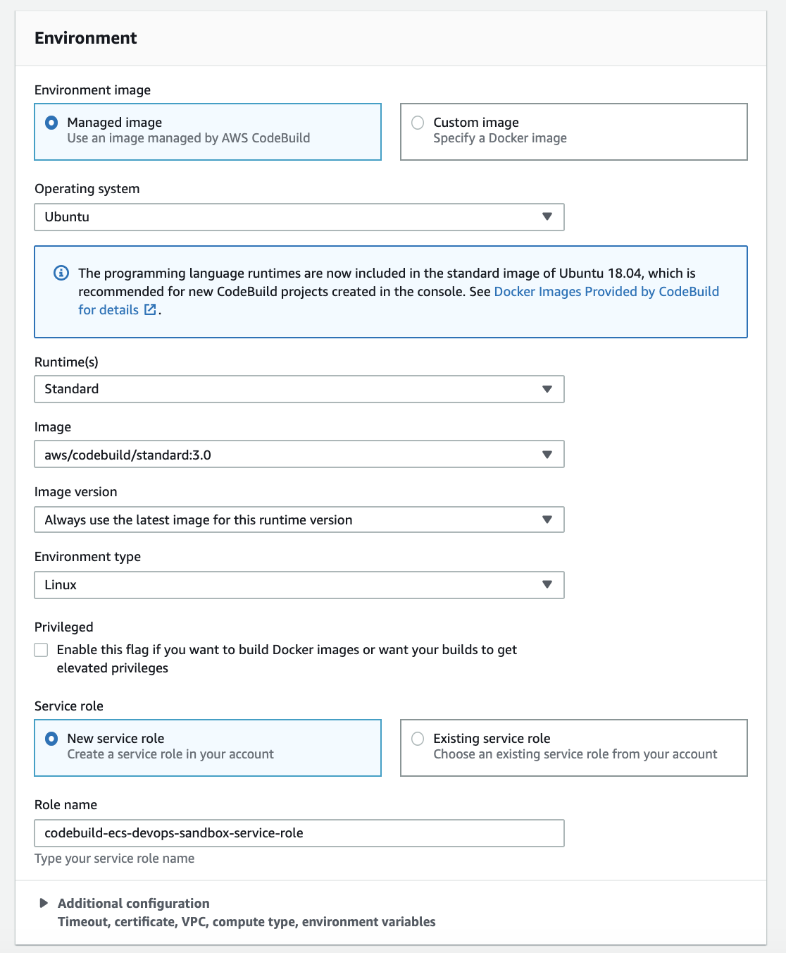 Example CodeBuild Environment Configuration