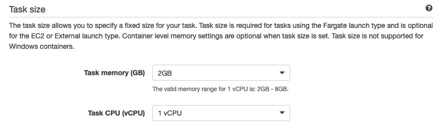 Setting the task size to 2GB memory and 1 vCPU