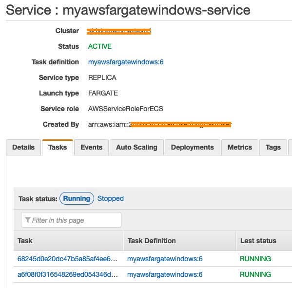 Created Amazon ECS service with two Fargate for Windows tasks