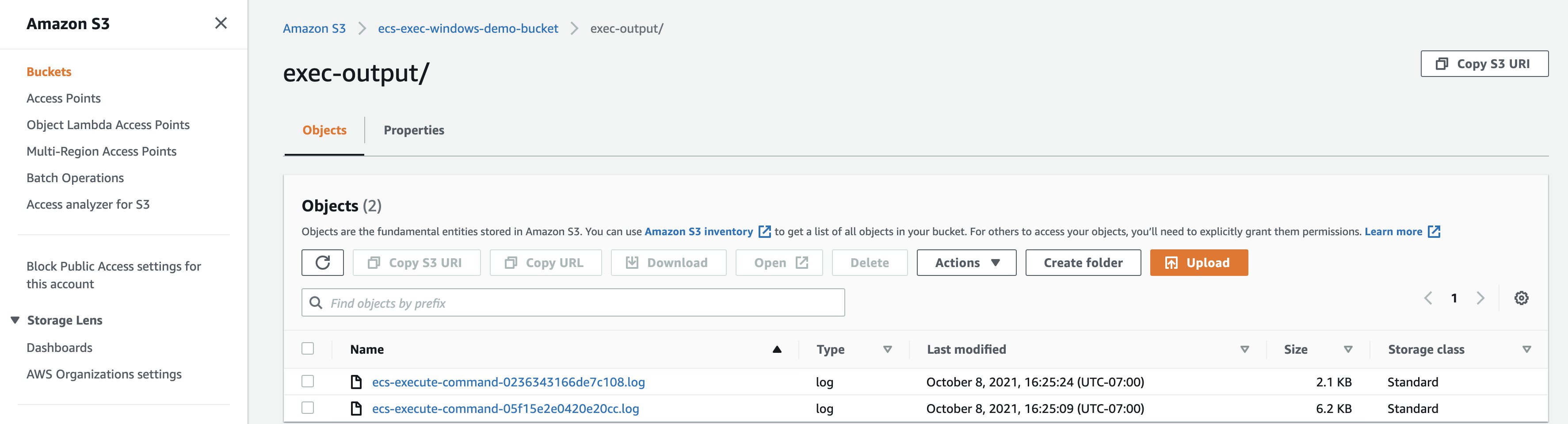 Exec output logs in the S3 bucket