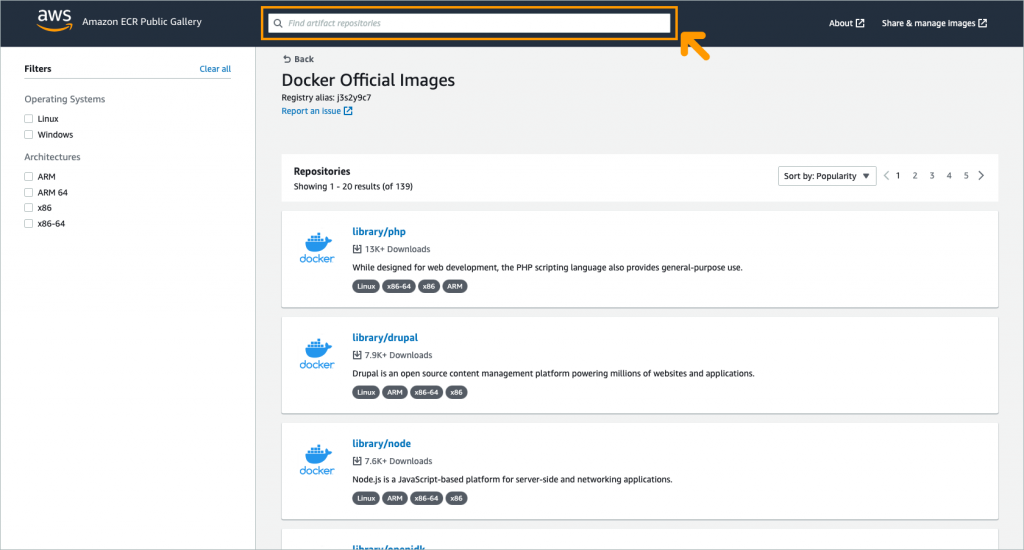 screenshot of using search bar on top of Amazon ECR Public gallery page