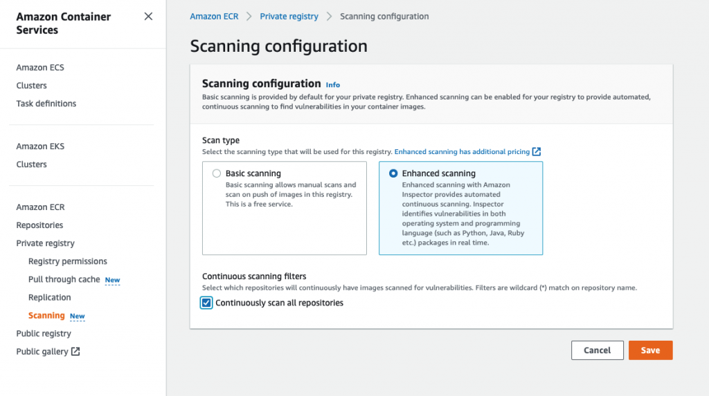 Screenshot of Scanning configuration in Amazon ECR console