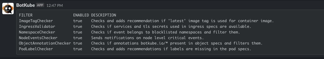 Image shows list of BotKube filters