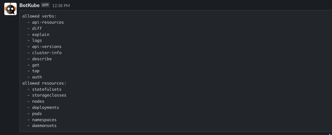 Image shows BotKube commands list