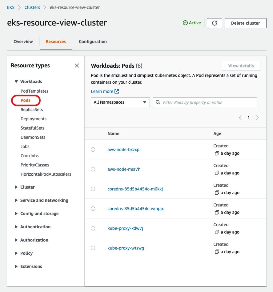 UI highlighting Pods within eks-resource-view-cluster