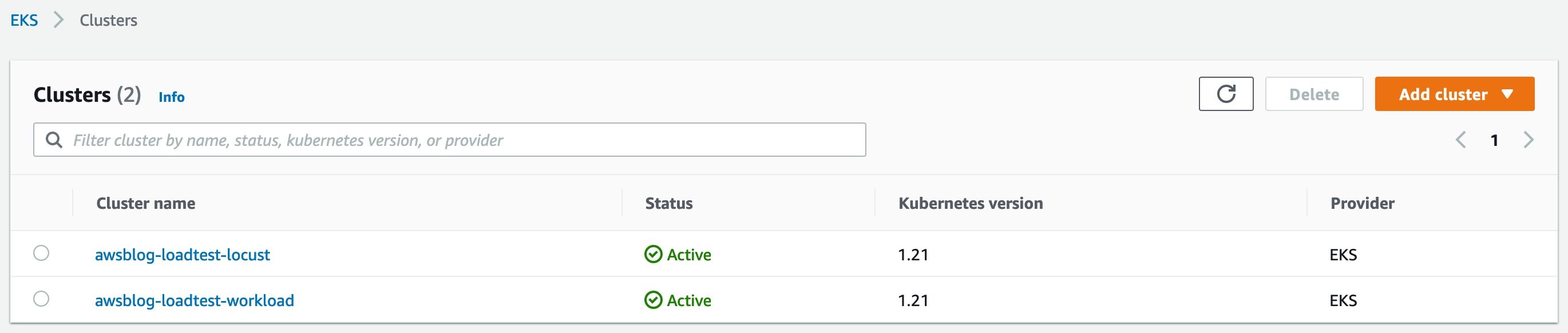 UI screenshot of EKS > Clusters list