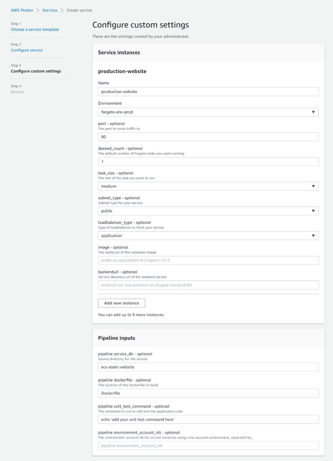 Screenshot of Configure custom settings UI