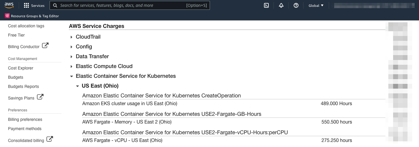 screenshot of General Fargate billing data