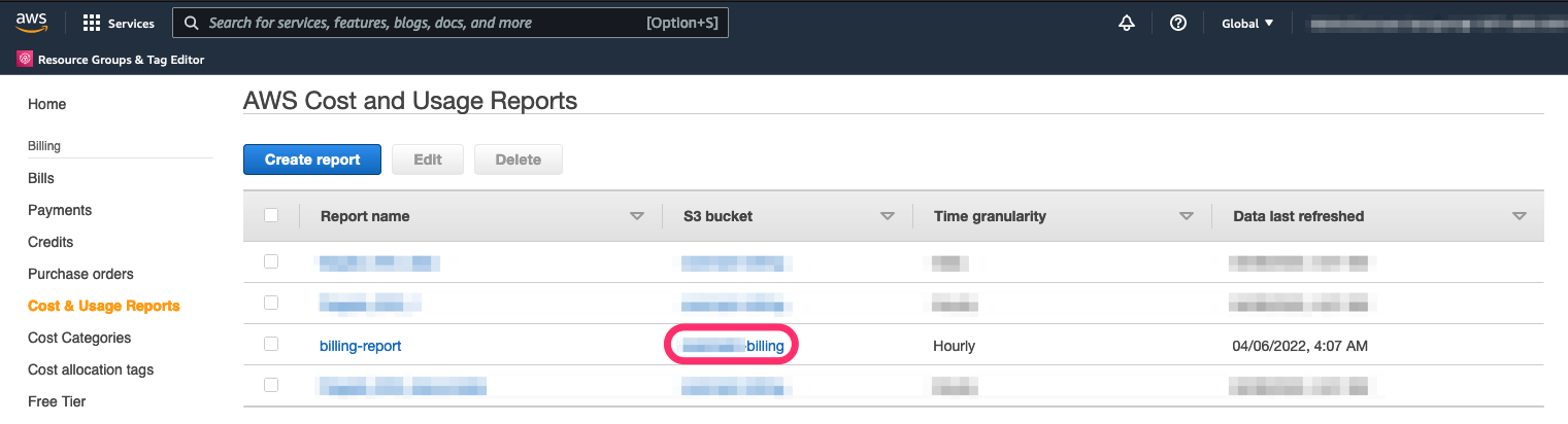 AWS Cost and Usage Reports list screenshot