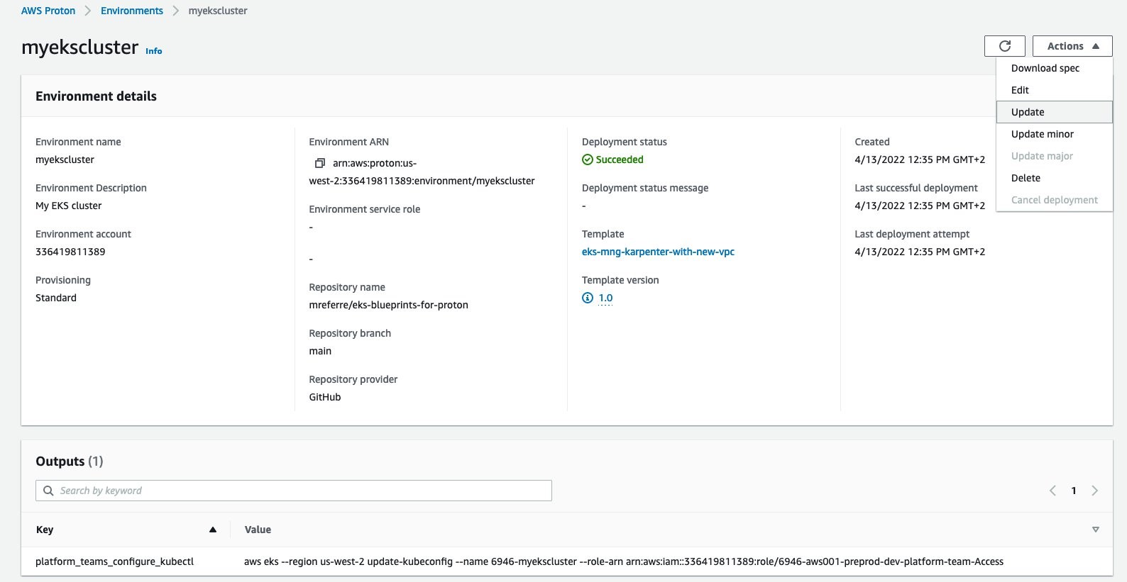 The summary environment page where you can update the template version