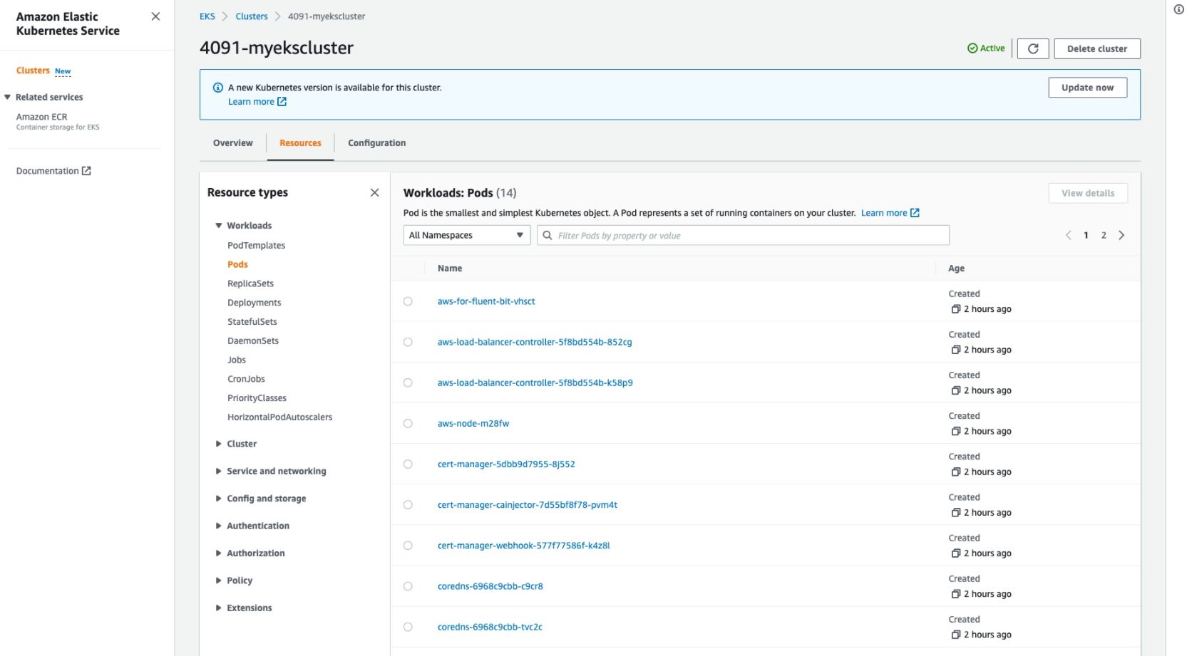 An example of the Kubernetes Resource View in the EKS console