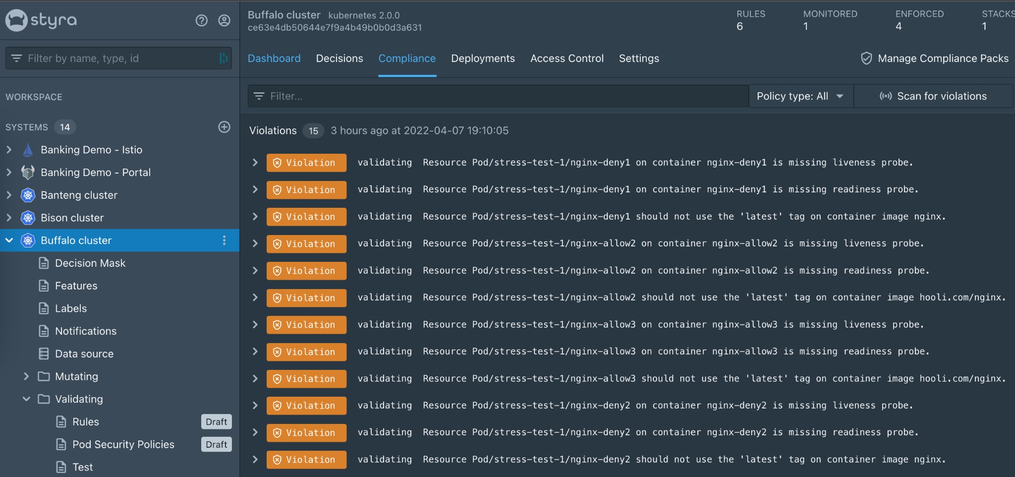 In Styra DAS Free, select your cluster in the menu sidebar. In this case, Buffalo cluster is selected. The Compliance section of the Dashboard has a burndown list of Violation issues, such as a resources on containers missing a readiness probe.