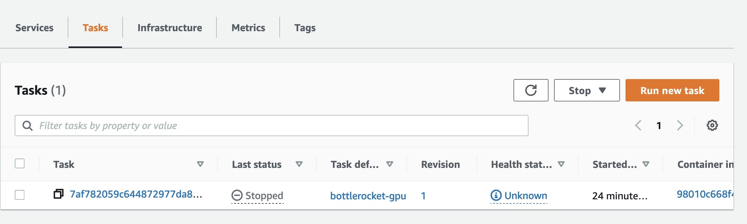 UI showing stopped ECS task in the ecs-bottlerocket cluster