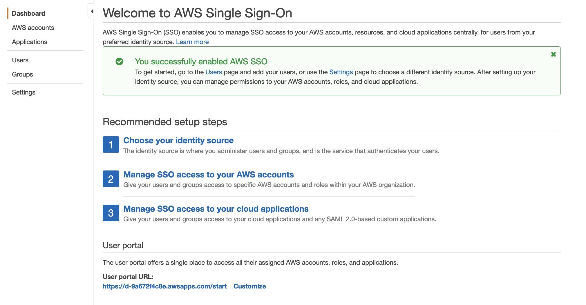 This is a screenshot of the AWS SSO main configuration page. The User portal URL is displayed at the bottom of the page, and can also be customized by selecting the Customize option.