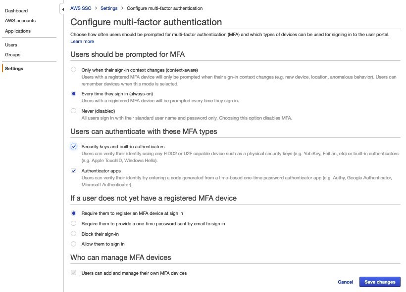 This is a screenshot of the AWS SSO Settings configuration page. Configuration details are provided inthe preceding paragraph.