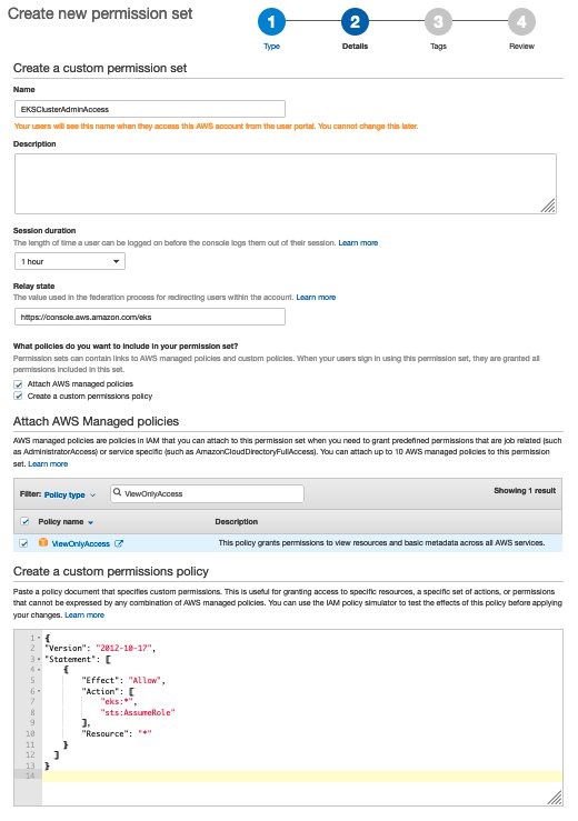 This screenshot displays the Create new permission set settings window. The specific configuration settings are described in the preceding paragraph.