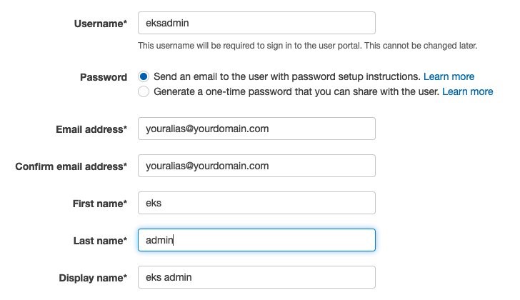 This screenshot shows the "Add User" configuration screen in AWS SSO. Values are provided in the preceding paragraph.